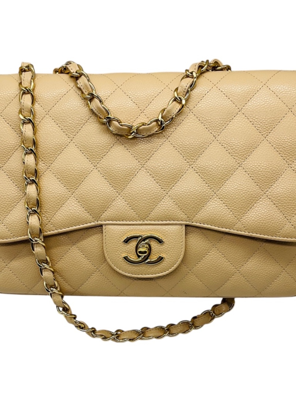 CHANEL BEIGE QUILTED CAVIAR LEATHER CHAIN STRAP SINGLE FLAP HANDBAG WITH GOLD HA